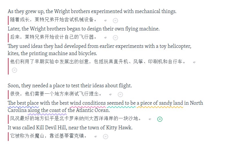 English paragraphs in Chrome, each sentence followed by its Chinese translation marked with a red bar