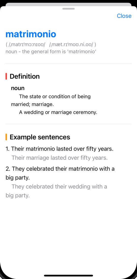 Schermata More Definitions di WordByWord (interfaccia in inglese): la parola spagnola “matrimonio” con definizioni ed esempi