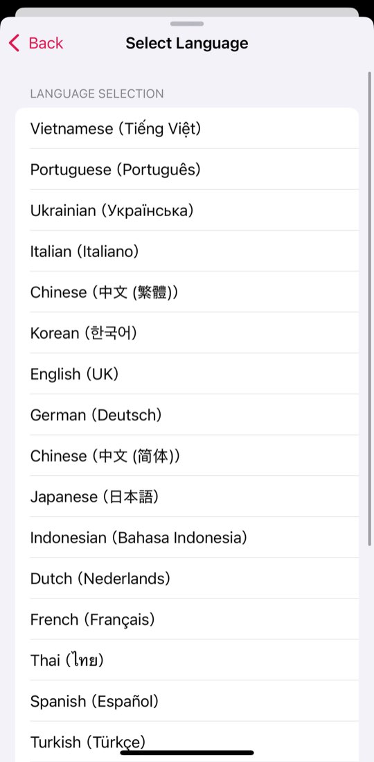Elenco delle lingue di WordByWord (interfaccia in inglese): vietnamita, portoghese, ucraino, italiano, cinese e altre