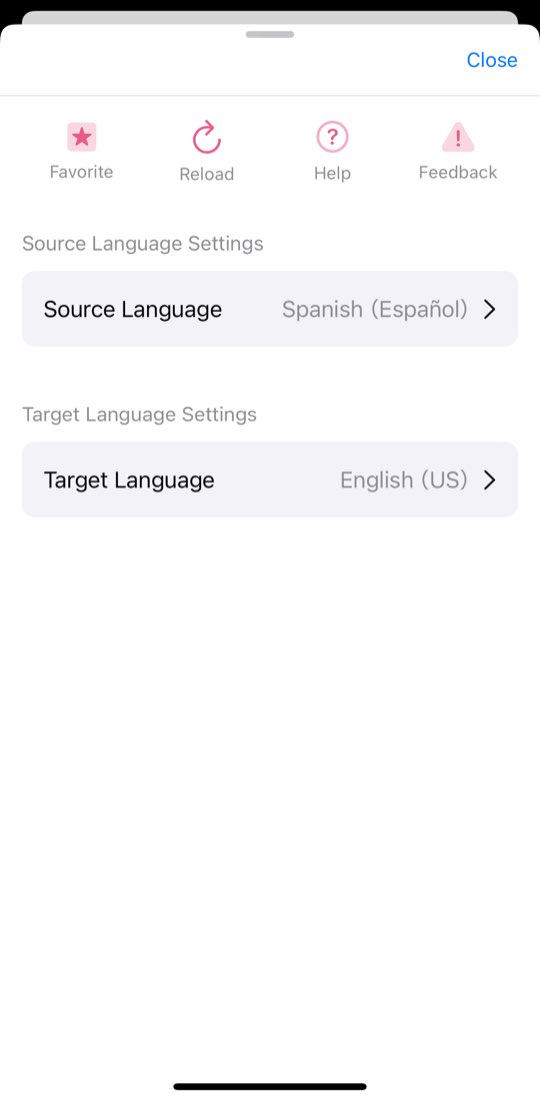 Impostazioni della lingua di WordByWord (interfaccia in inglese): lingua di origine spagnolo, di destinazione inglese (USA)