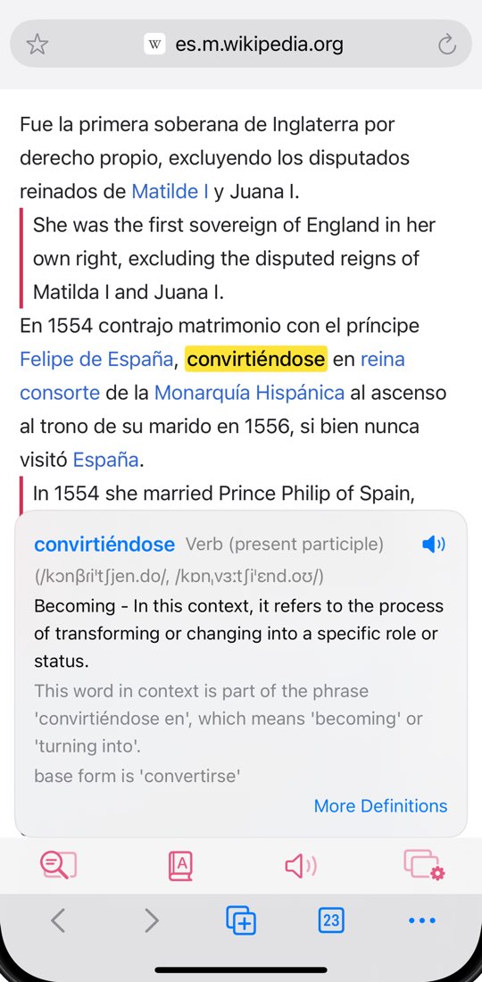 WordByWord su iPhone (interfaccia in inglese): la parola spagnola “convirtiéndose” evidenziata e una scheda che la spiega