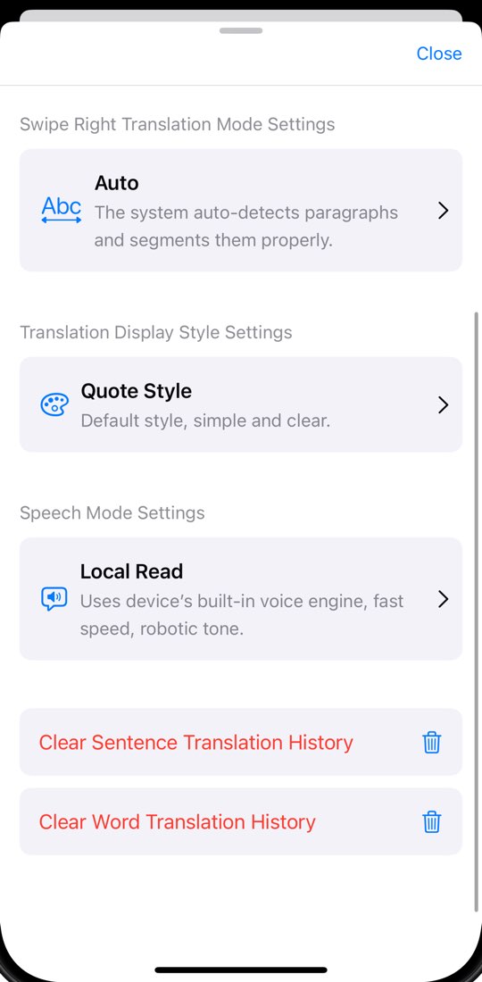 Impostazioni di WordByWord su iPhone (interfaccia in inglese): modalità di traduzione Auto, Quote Style e Local Read