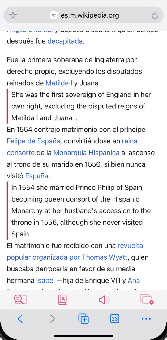 WordByWord su iPhone (interfaccia in inglese): pagina di Wikipedia in spagnolo con le traduzioni inglesi sotto l’originale