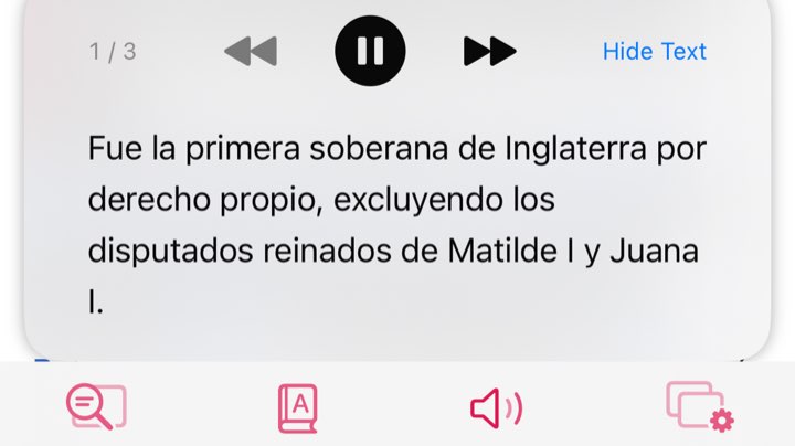 WordByWord su iPhone (interfaccia in inglese): il lettore audio in fondo allo schermo legge una frase in spagnolo
